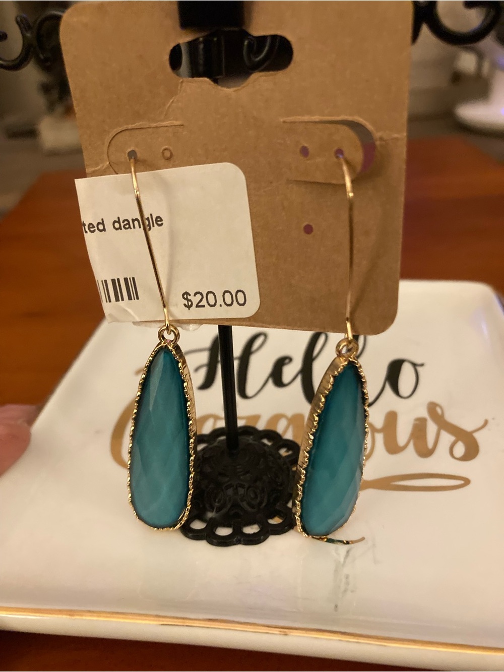 18K Gold Plated Teardrop Blue-Green Dangle Earrings with Gold Trim